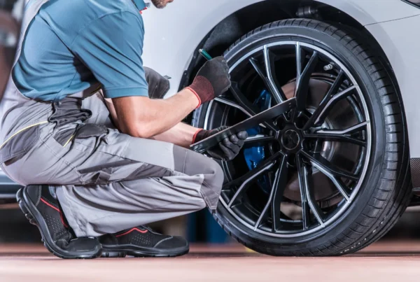 A mechanic in gray overalls and work gloves kneels beside a white car's front wheel, holding a pen and clipboard while inspecting the tire and blue brake caliper.